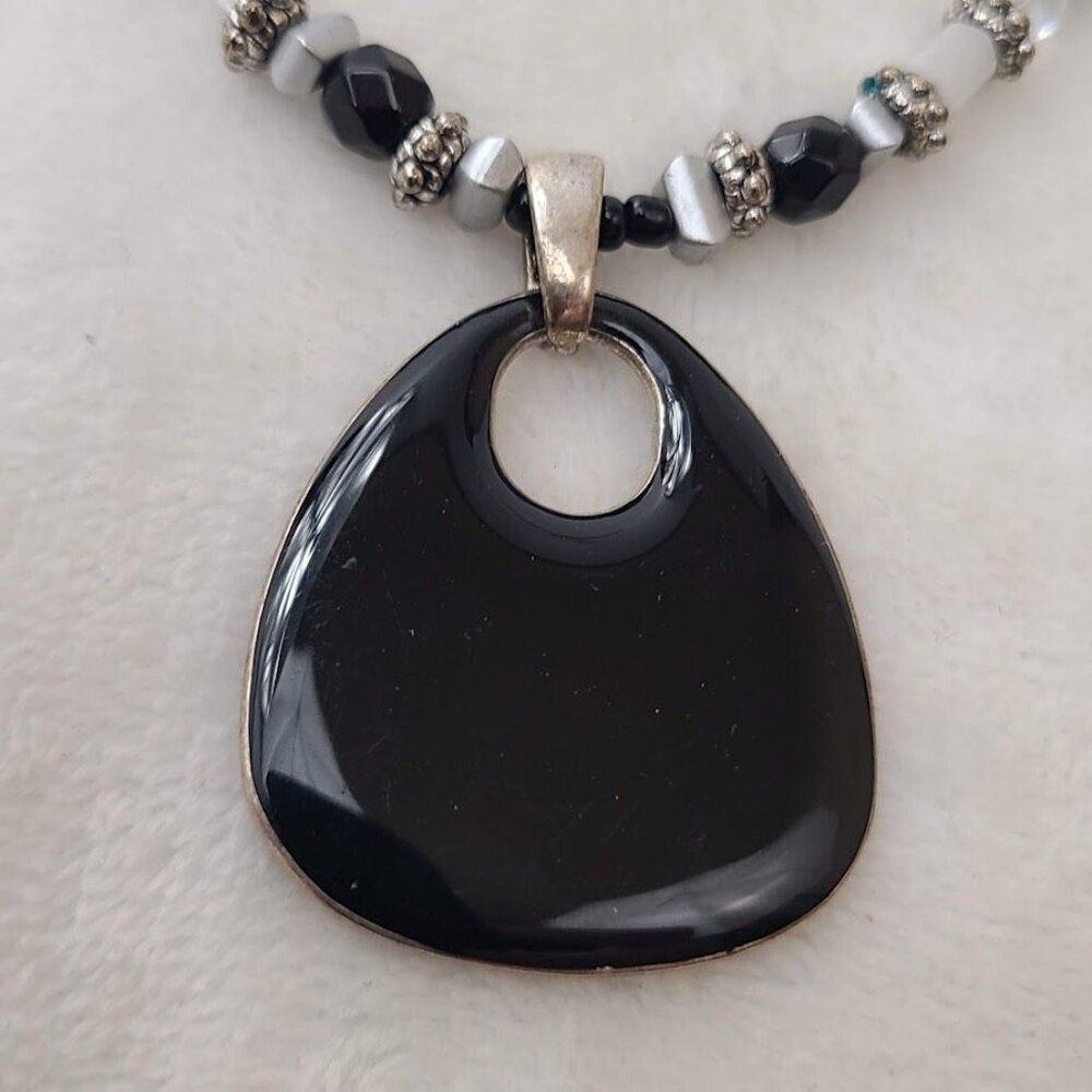Beaded Black Pendant Statement Necklace  Adjustable Chain Silver-Tone Accents - Picture 5 of 11